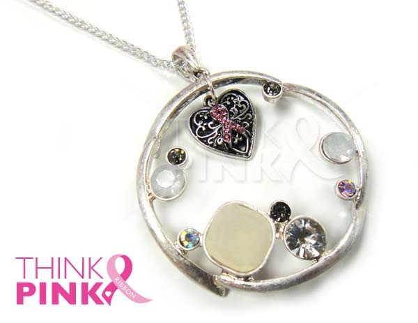Long Round Pendant with Pink Ribbon Heart Charm