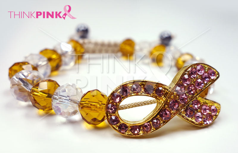 Gold Breast Cancer Awareness Cord Bracelet with Crystal Beads