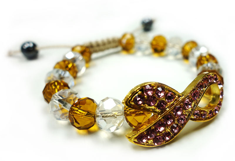 Gold Breast Cancer Awareness Cord Bracelet with Crystal Beads