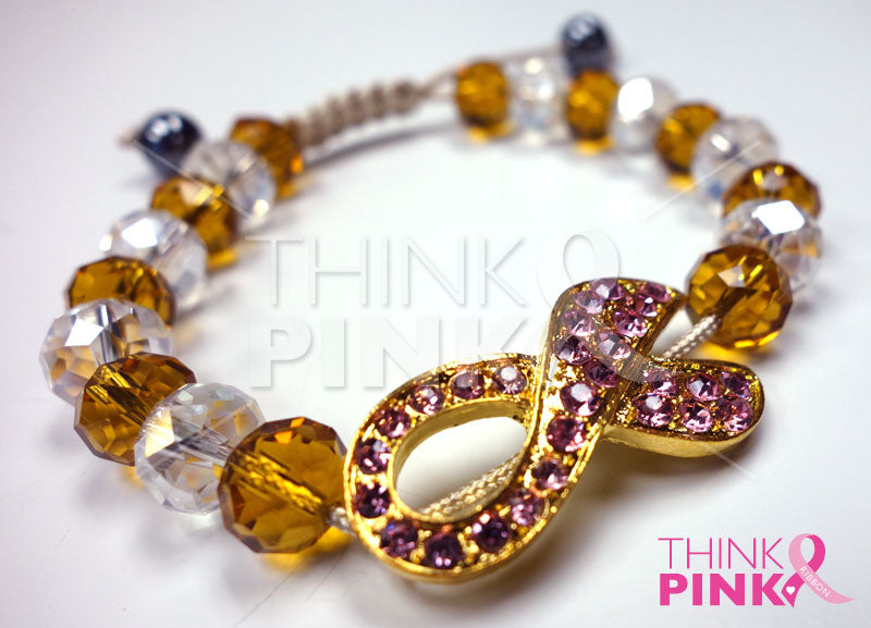 Gold Breast Cancer Awareness Cord Bracelet with Crystal Beads