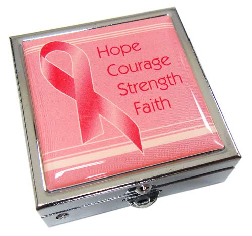 Breast Cancer Pink Ribbon Pill Box -"Hope, Courage, Strength, Faith"