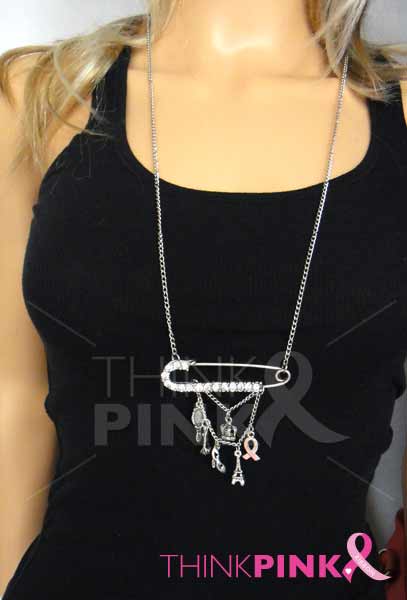Antique Style Long Charm Necklace - Brooch
