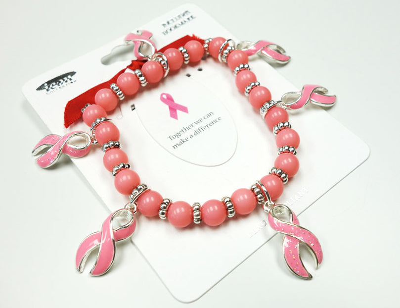 Pink Bead Stretch Bracelet with Pink Ribbon Charms