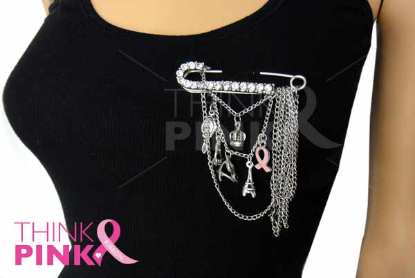 Antique Style Long Charm Necklace - Brooch