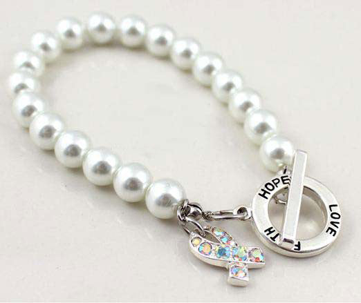 Pink Ribbon White Pearl Bracelet