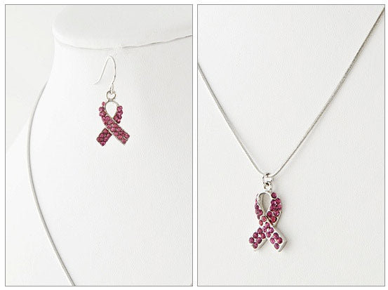 Fuchsia Pink Ribbon Crystal Necklace and Earrings Set Large