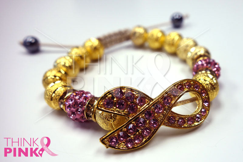 Breast Cancer Ribbon Gold Beaded Adjustable Bracelet