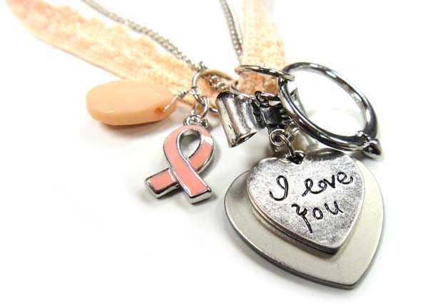 Dual-Strand Lace Charm Necklace with Pink Ribbon Charm