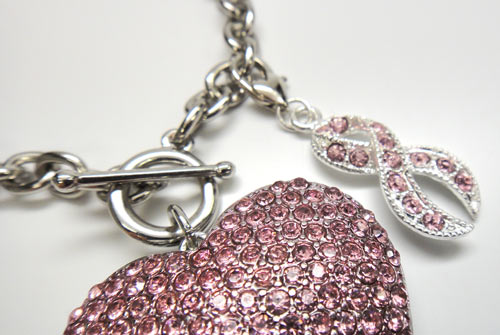 Pink Ribbon Crystal Heart Toggle Bracelet