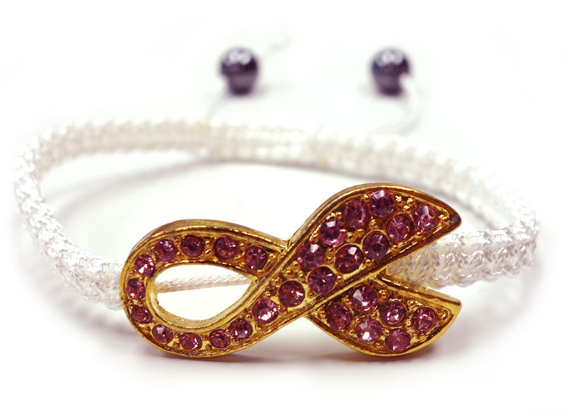 Pink Crystal Breast Cancer Awareness Ribbon White Cord Bracelet