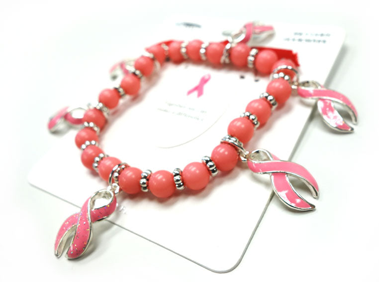 Pink Bead Stretch Bracelet with Pink Ribbon Charms