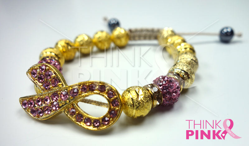 Breast Cancer Ribbon Gold Beaded Adjustable Bracelet