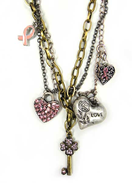 Multi-Strand Pink Ribbon Charm Necklace & Dangling Earrings Set