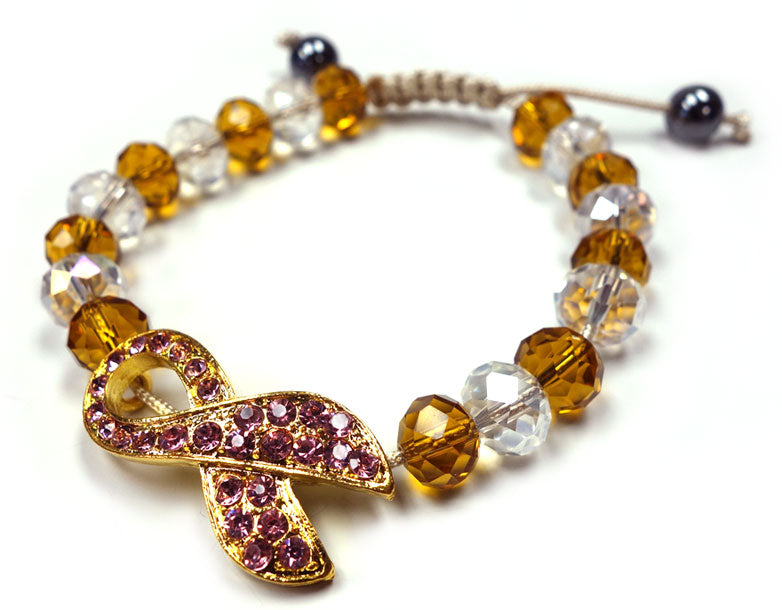 Gold Breast Cancer Awareness Cord Bracelet with Crystal Beads