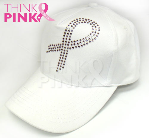 Pink Ribbon Crystal Hat - White