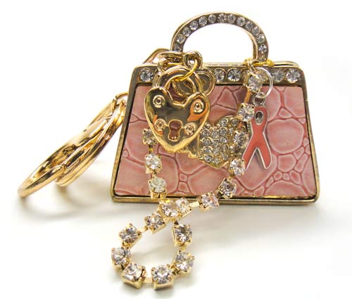 Pink Ribbon Key Chain - Pink & Gold Tone Handbag