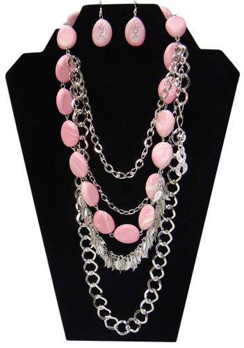 Pink Bead Necklace and Pink Ribbon Earring Set