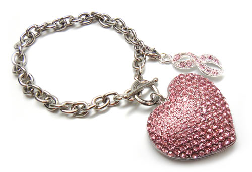 Pink Ribbon Crystal Heart Toggle Bracelet