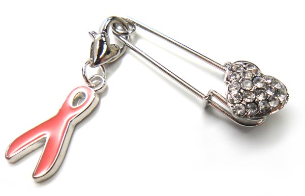 Heart Pendant and Brooch with Pink Ribbon Charm