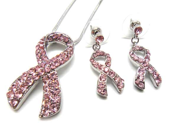 Pink Ribbon Crystal Stud Pendant & Earring Set