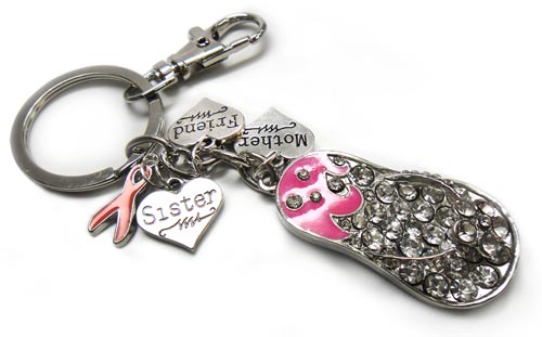 Pink Flip Flop Key Chain w- Pink Ribbon, Mother, Sister & Friend Charms