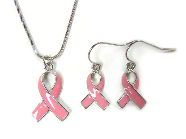 Pink Ribbon Pendant and Earrings Set - Silver Plated