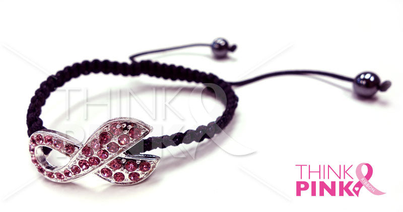 Pink Crystal Breast Cancer Awareness Ribbon Black Bracelet