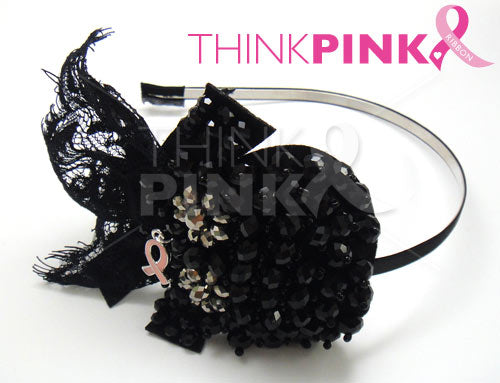 Pink Ribbon Black Bead Headband