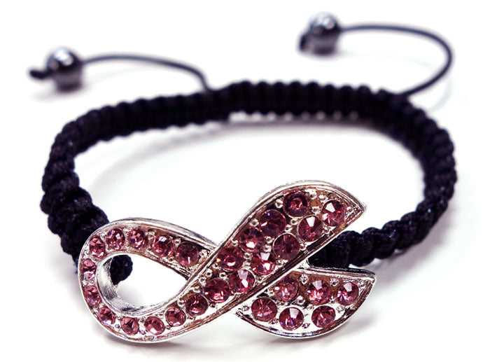Pink Crystal Breast Cancer Awareness Ribbon Black Bracelet