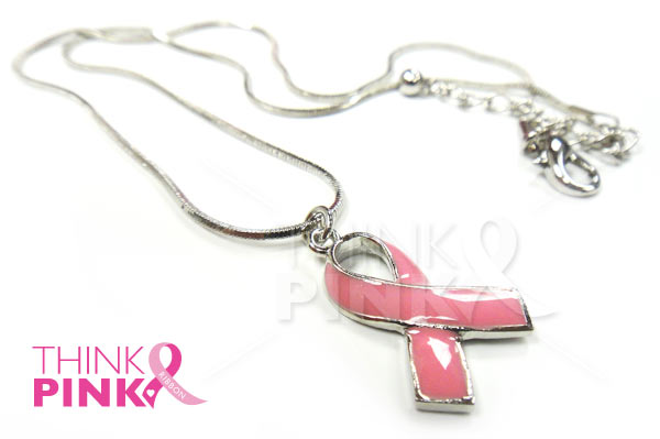 Pink Ribbon Pendant and Earrings Set - Silver Plated