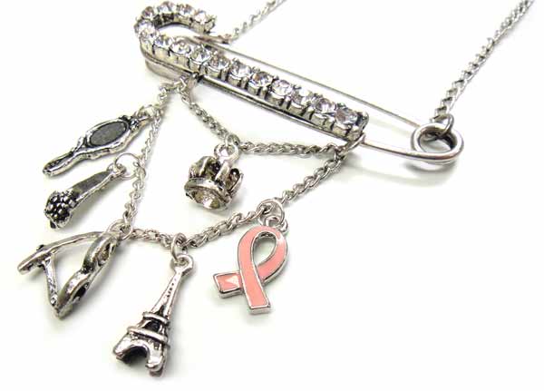 Antique Style Long Charm Necklace - Brooch