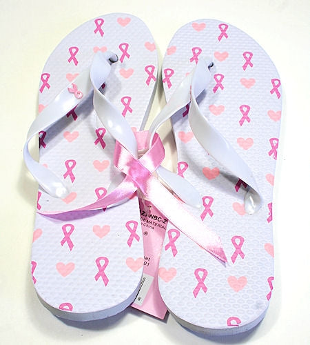 Pink Ribbon Flip Flops - White - Hearts