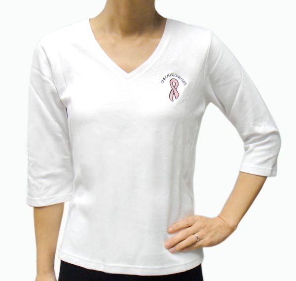 "One Cause One Cure" V-neck 3-4 Sleeves White Small T-shirt