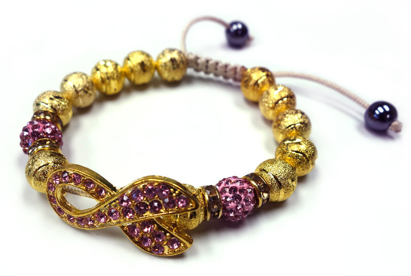 Pink Awareness Ribbon Gold Beaded Bracelet