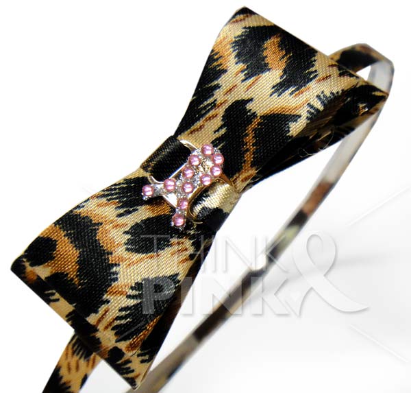 Breast Cancer Pink Ribbon Headband-Gold Leopard