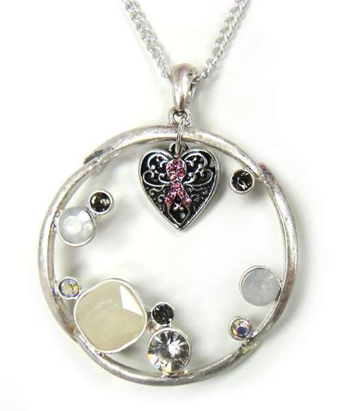 Long Round Pendant with Pink Ribbon Heart Charm