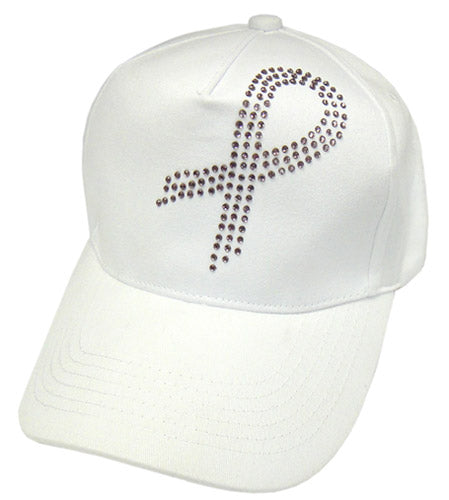 Pink Ribbon Crystal Hat - White