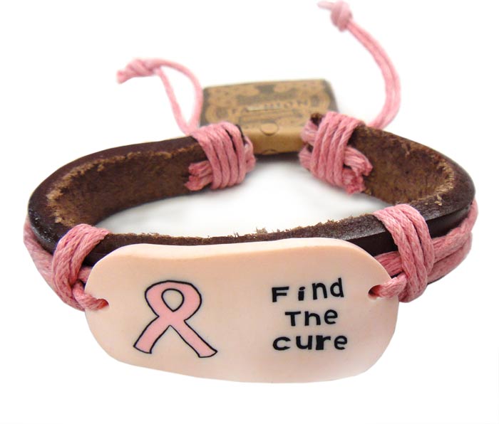 "Find the Cure" Pink Ribbon Leather Cord Bracelet