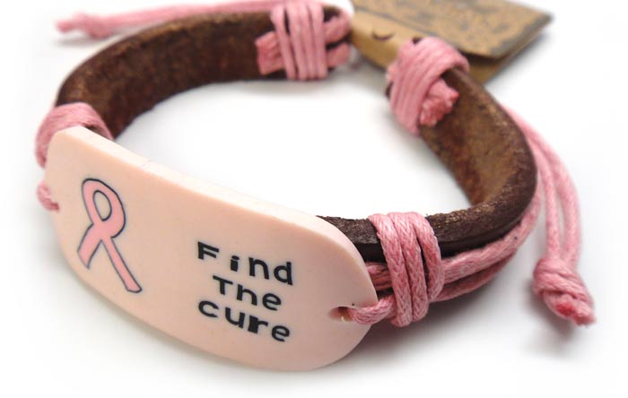 "Find the Cure" Pink Ribbon Leather Cord Bracelet