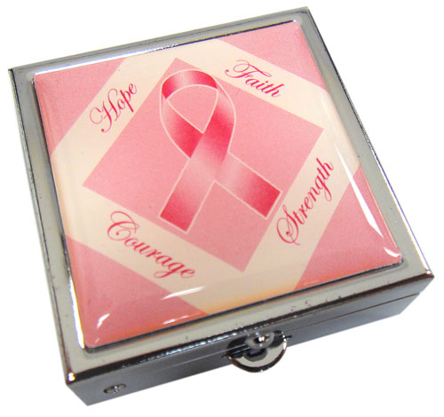 Breast Cancer Pink Ribbon Pill Box -"Hope, Courage, Strength, Faith"