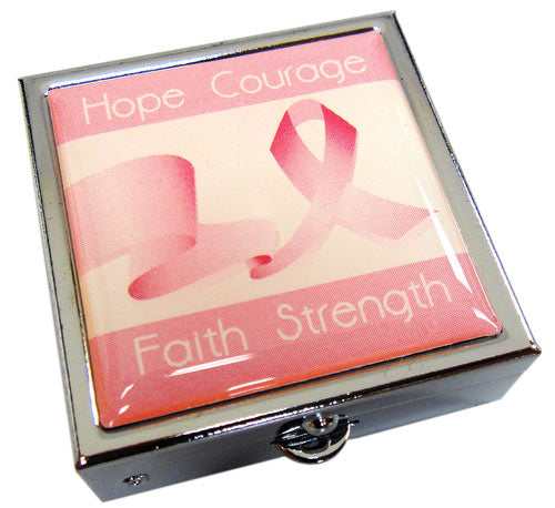 Breast Cancer Pink Ribbon Pill Box -"Hope, Courage, Strength, Faith"