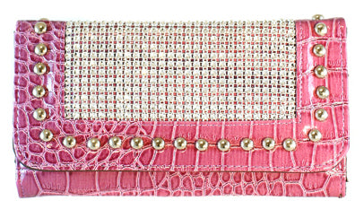 Pink Ribbon Fuchsia Wallet with Faux Crystals and Metal Dots Design