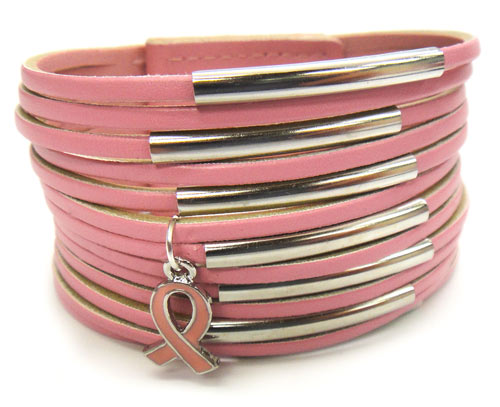 Multi-Layer Leather Bracelet w-Pink Ribbon Charm -Pink