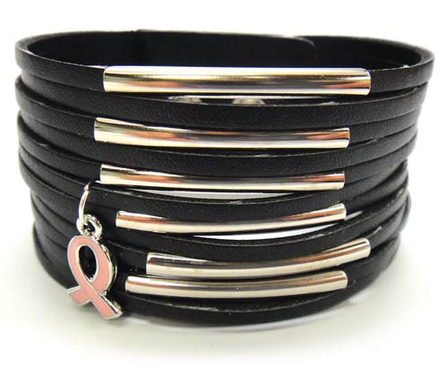 Multi-Layer Leather Bracelet w-Pink Ribbon Charm -Black