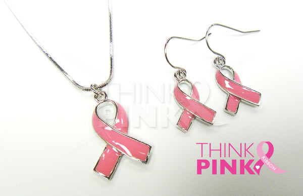 Pink Ribbon Pendant and Earrings Set - Silver Plated
