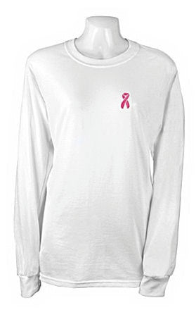 Pink Ribbon Long Sleeve White T Shirt