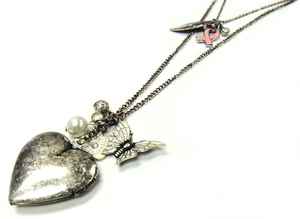 Two Uneven Strand Charm Necklace with Pink Ribbon Charm