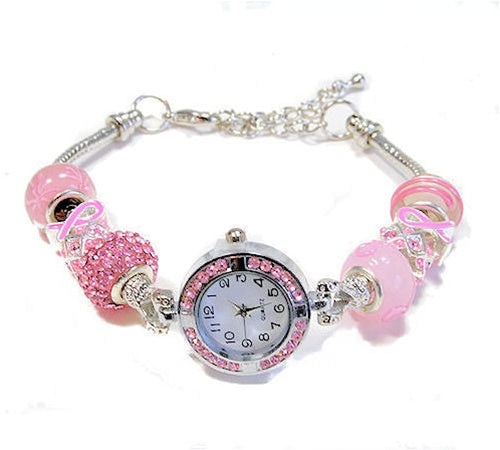 Pink Ribbon Cz Bead Watch