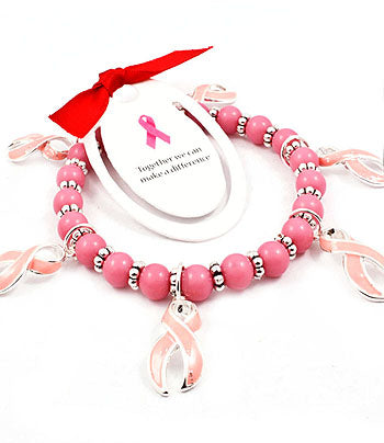 Pink Bead Stretch Bracelet with Pink Ribbon Charms