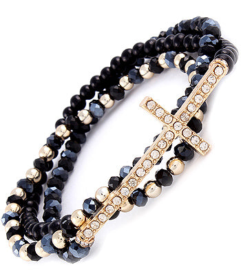 Black Bead Crystal Cross Stretch Bracelet